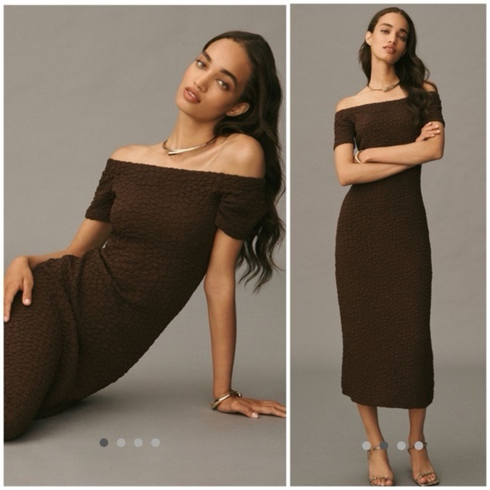 Anthropologie English Factory off the shoulder brown midi dress, S